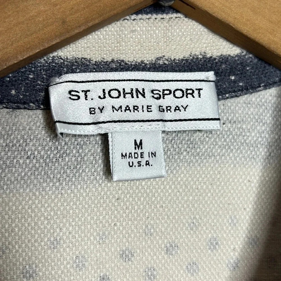 St. John Sport Marie Gray Mixed Print Striped Button Up Collard Blouse - Picture 10 of 12